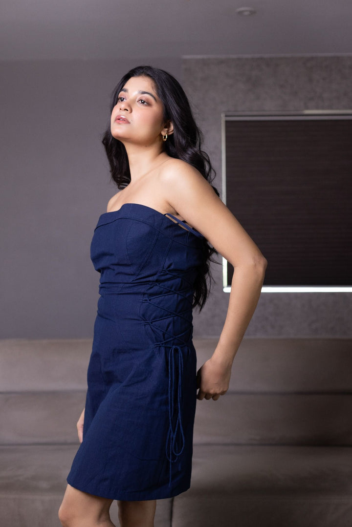 Navy blue Denim strapless mini dress with side corset tie detailing