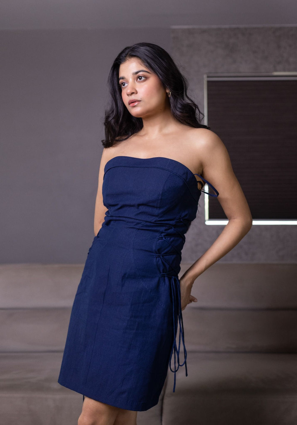 Navy blue Denim strapless mini dress with side corset tie detailing