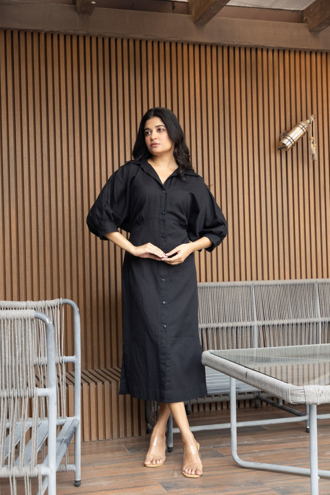 Black button-down midi dress with puff sleeves