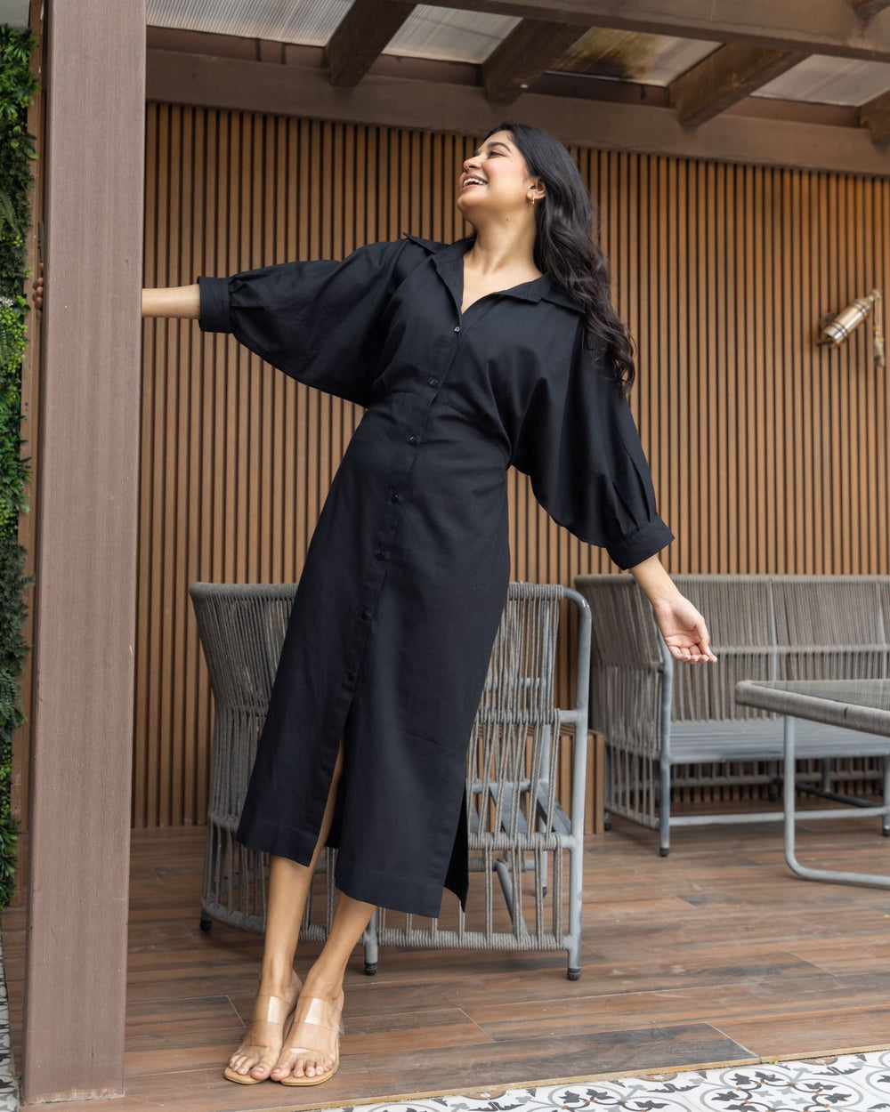Black button-down midi dress with puff sleeves