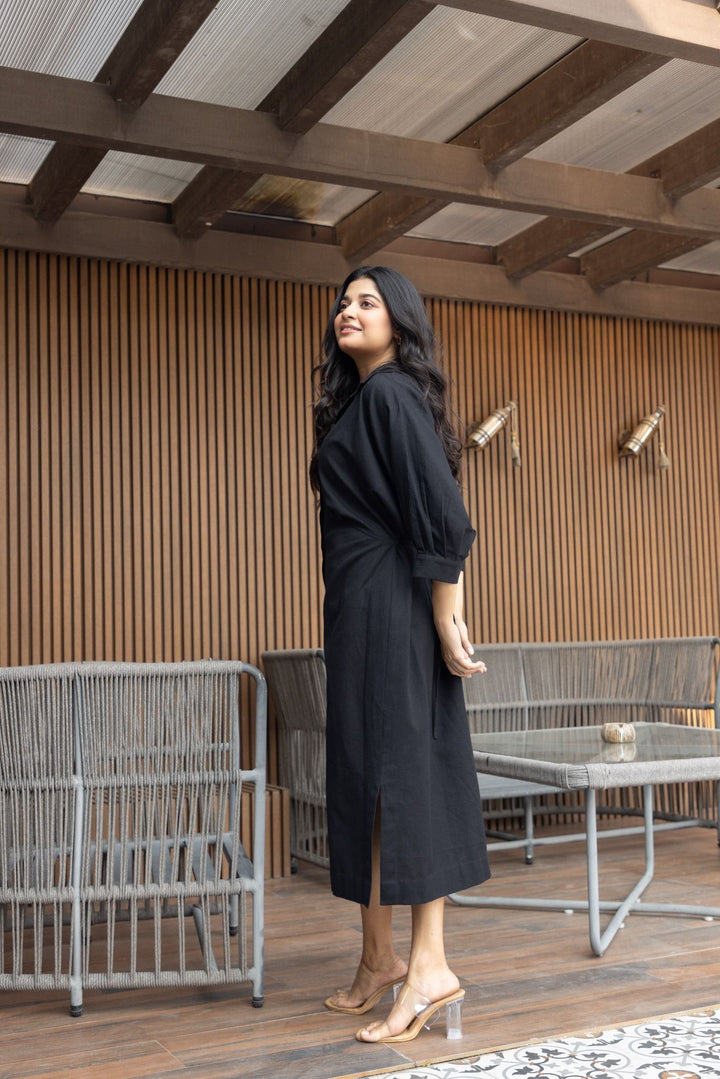 Black button-down midi dress with puff sleeves