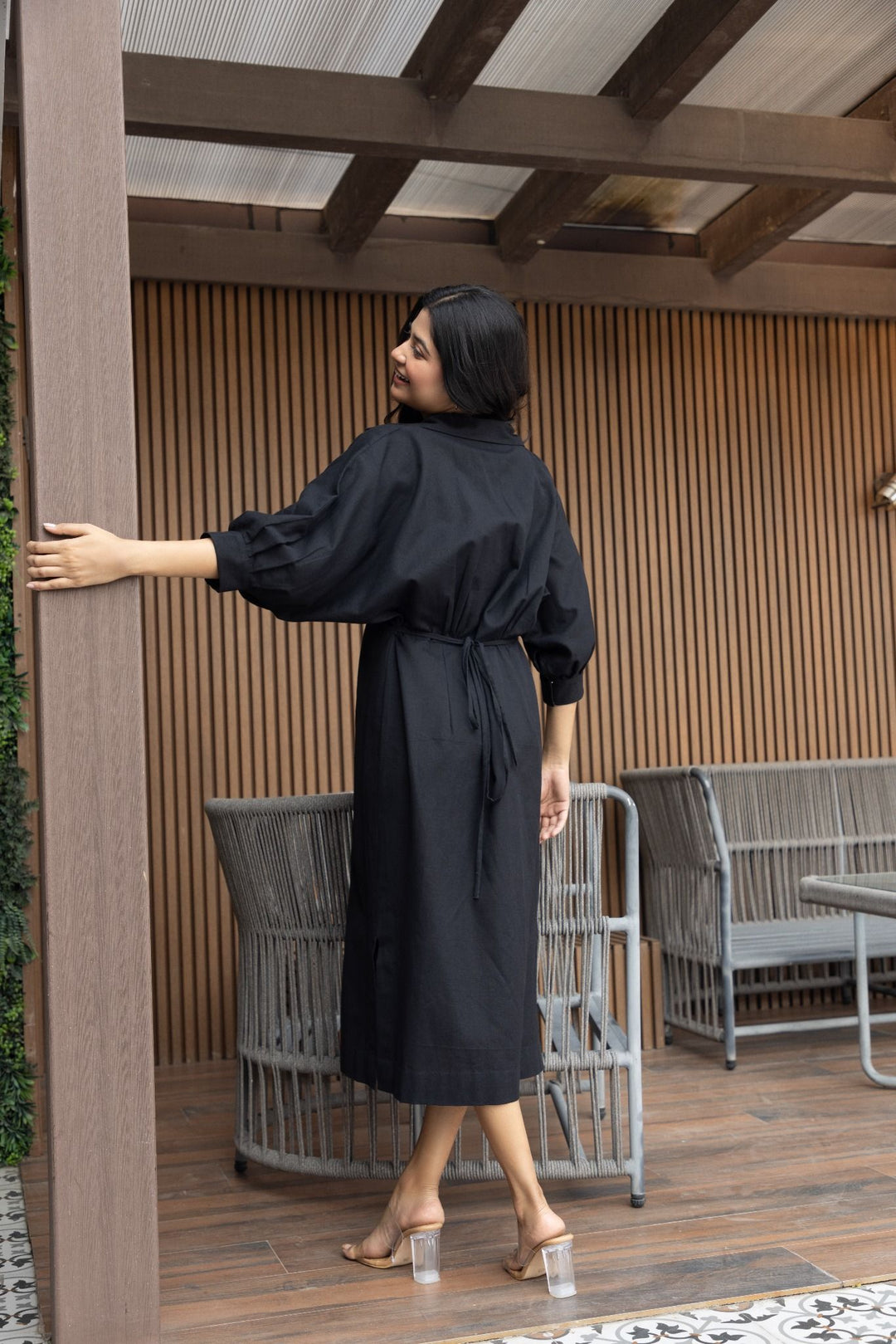 Black button-down midi dress with puff sleeves