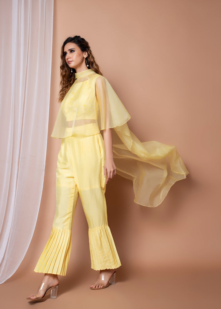 Yellow Embroidered Coordset with Cape