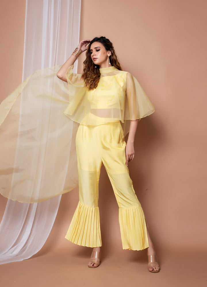 Yellow Embroidered Coordset with Cape