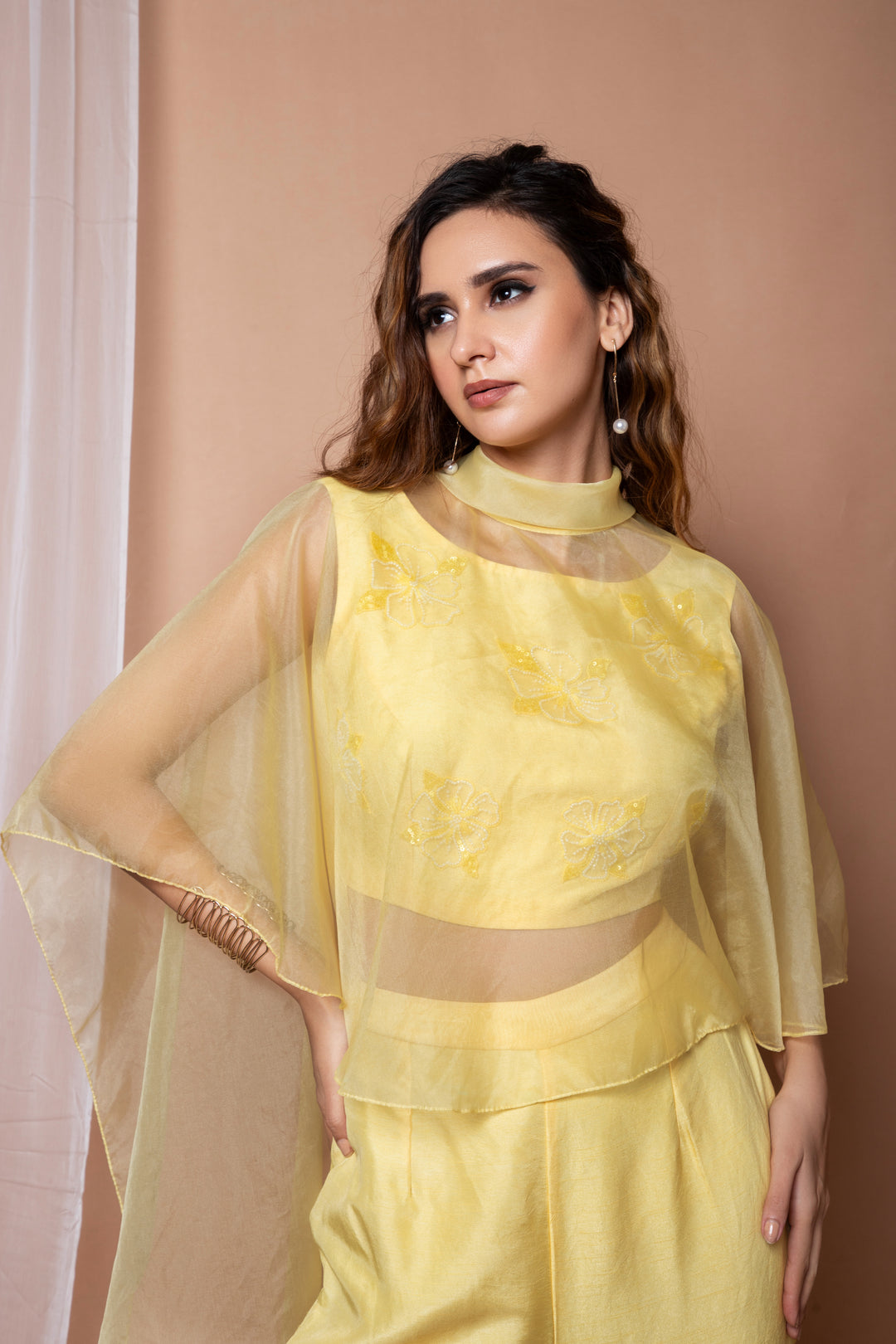 Yellow Embroidered Coordset with Cape